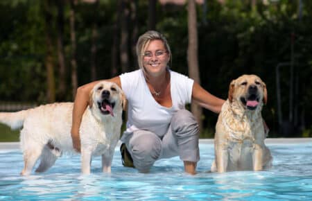 02 labrador retriever miele in piscina con donna